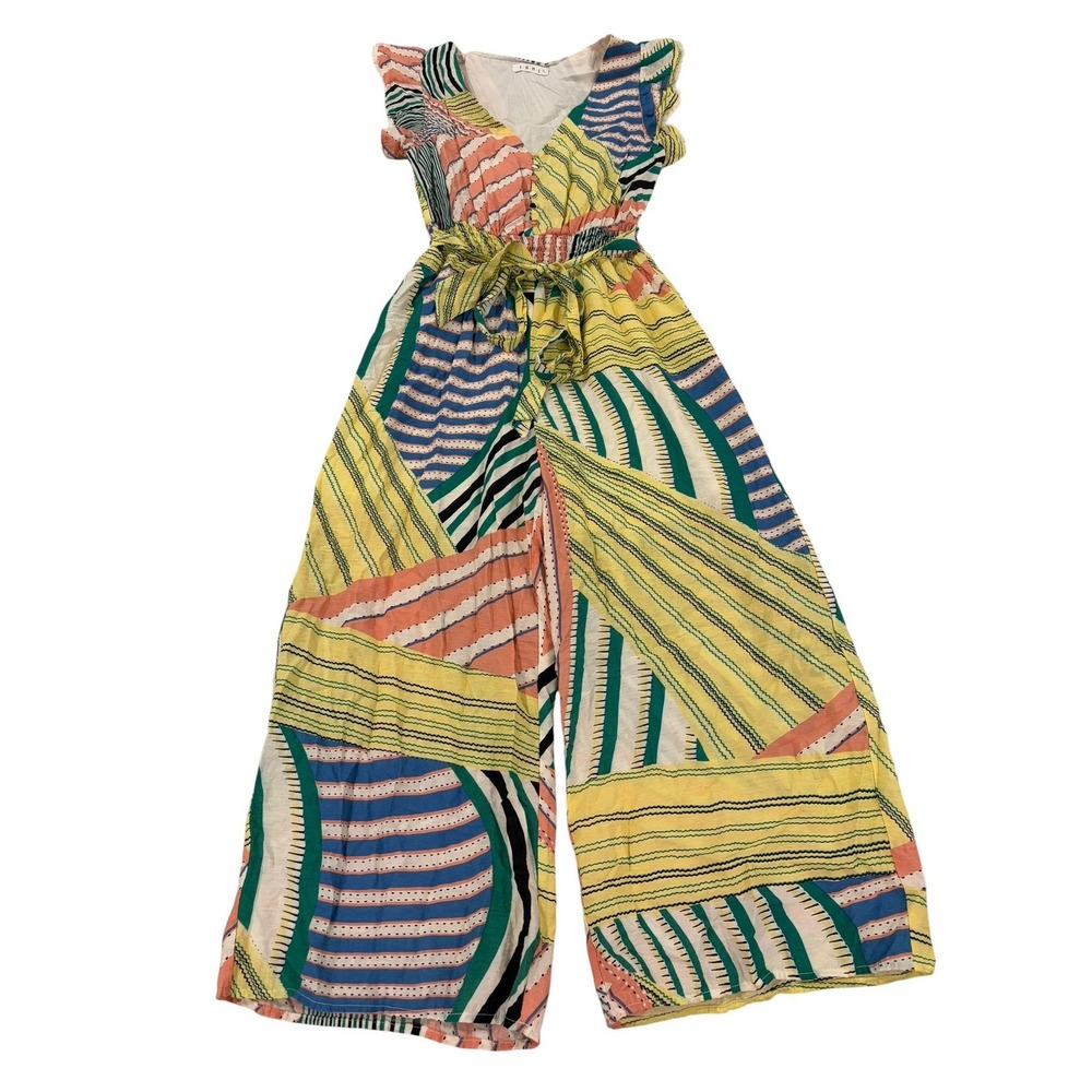 THML Womens Multi Color Geometric Print Wide Leg Jumpsuit Ruffle Sleeve XS EUC